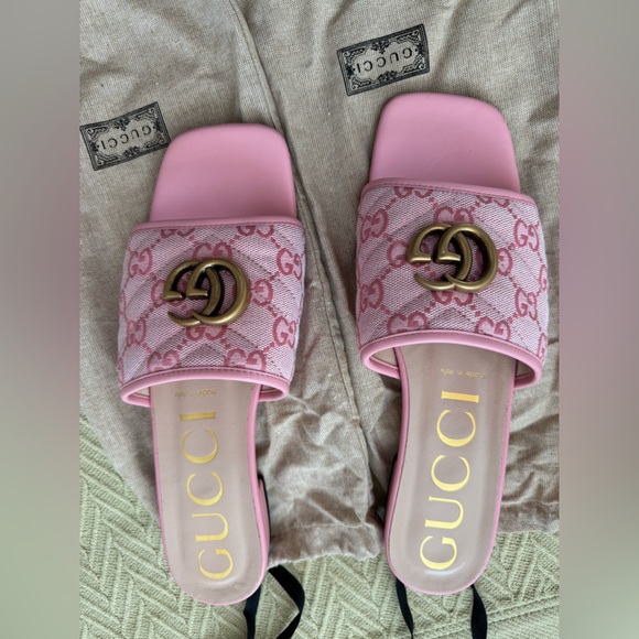 Gucci Shoes - Gucci Pink GG Canvas Slide Sandals with Gold Double G Accent